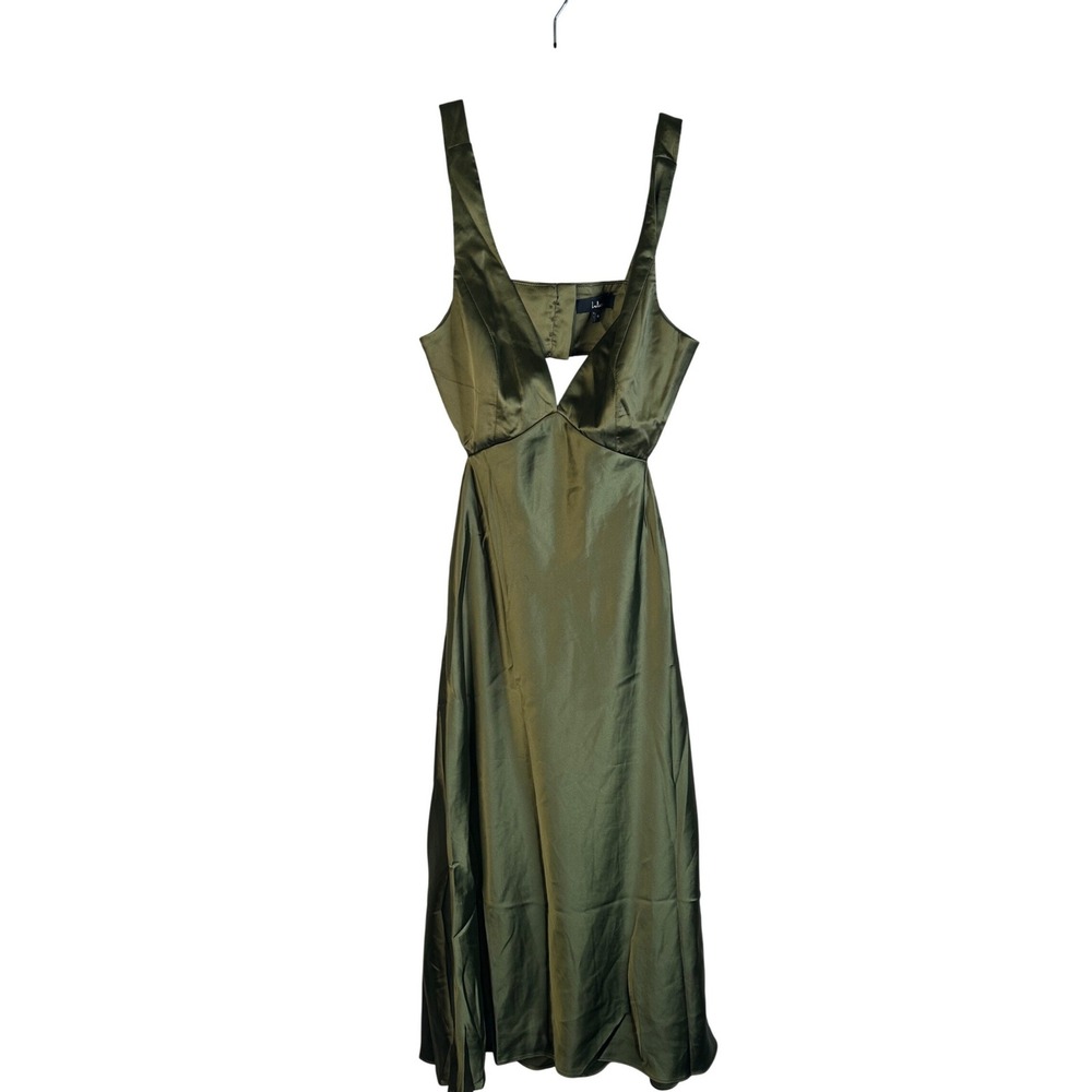 Lulus Unmatched Elegance Olive Green Satin Back Cutout Midi Dress Size Medium - Picture 6 of 11